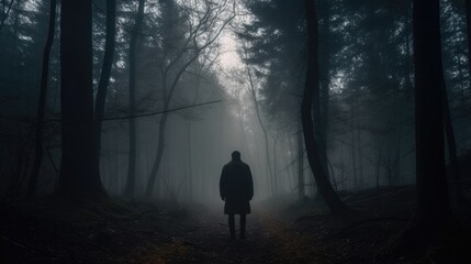 man walking in a dark forest. Created with generative AI.	