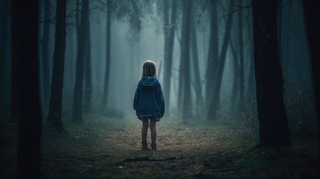 Child lost in a dark forest. Created with generative AI.