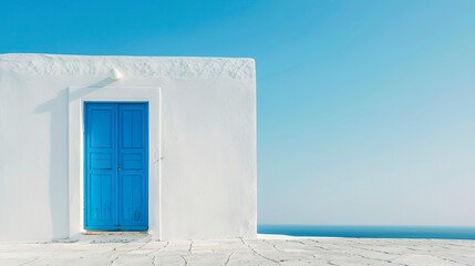 Illustration of a closed door in Greek style with white walls against a clear sky. Blue door under soft light in minimalist style.