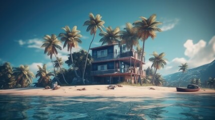 house on a desert island in the ocean. Created with Generative AI.