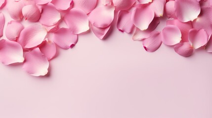 Rose petals on pink pastel background top view copy space