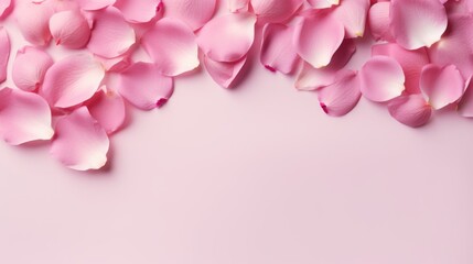 Fototapeta premium Rose petals on pink pastel background top view copy space