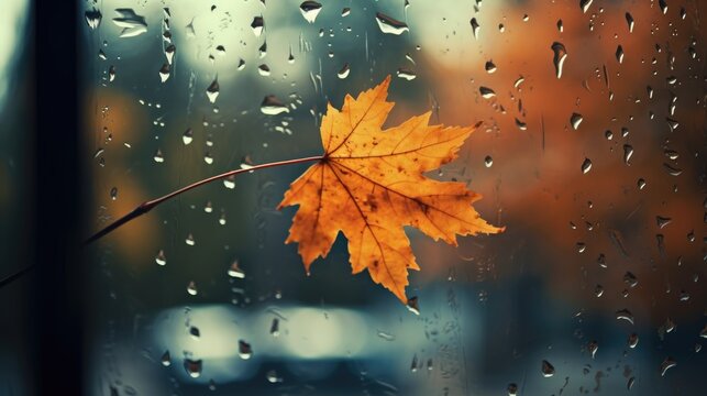Rain outside the window drops on the glass and autumn leaf stuck to the glass. Autumn mood