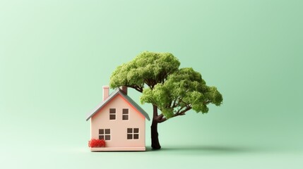 Small toy wooden house and small tree on pastel green background. Rent and purchase of real estate concept	
