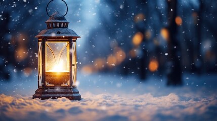 Street lantern shines at night and there is a snowfall beautiful light festive atmosphere....