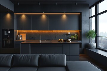 Luxury studio apartment with a premium contemporary kitchen loft style in dark colors. Stylish modern room area with large window.