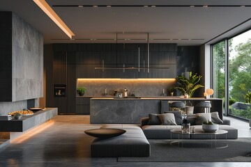 Luxury studio apartment with a premium contemporary kitchen loft style in dark colors. Stylish modern room area with large window. 