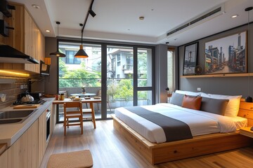 Naklejka premium Modern and stylish single studio apartment with bedroom open to kitchen area with table