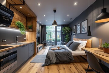 Modern grey and wooden interior of small studio apartment. Front view of hotel flat room witn...