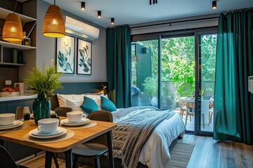 Fototapeta premium Stylish dining area in studio living room with table and chairs and decorative accessories overlooking the outdoor bathroom and bedroom. Concept of interior for a small apartmen