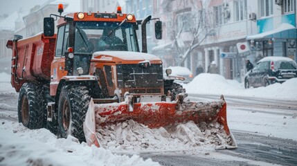 Tractor loader machine uploading dirty snow into dump
