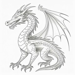 A drawing of a dragon in black and white.