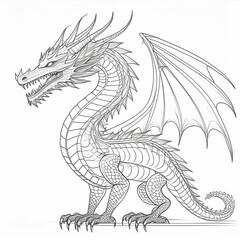 A drawing of a dragon in black and white.