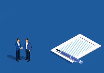 Isometric illustration of two business men shaking hands over an big ink pen and document with contract, blue background, high detail