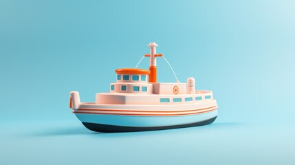 Toy boat on pastel blue background 