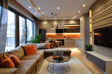 Living room with kitchen annexe in a modern studio apartment for rent. Interior design
