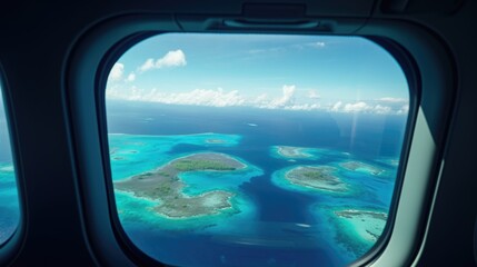 Naklejka premium View of the island in the ocean from the aircraft window from the inside of the aircraft cabin from the passenger seat. Vacation concept