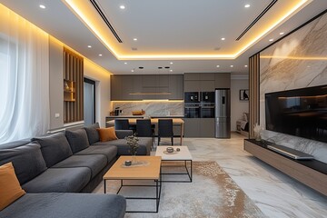 Living room with kitchen annexe in a modern studio apartment for rent. Interior design, 