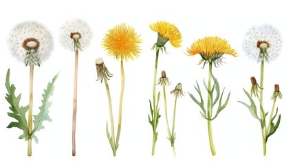 Watercolor set of different variations of dandelions on a white background 