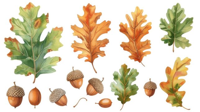 Watercolor set of different variants of oak leaves and acorns on a white background 