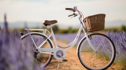 White vintage bicycle with wicker basket with lavender against the background of blurred lavender fields photorealism detailing natural light - Powered by Adobe