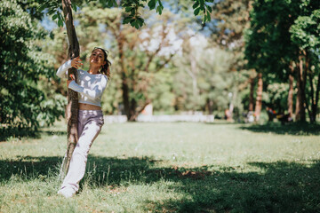 A cheerful young woman in casual wear smiles while playfully clinging to a tree in a lush green park on a sunny day.