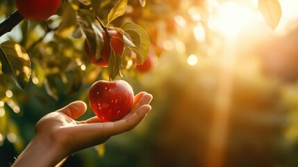 Young man's hand rips red apple off tree sun rays bokeh. The concept of organic products