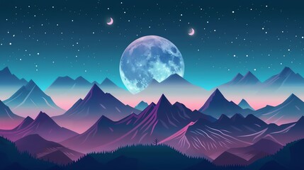 Moon over mountains flat design front view, landscape theme, cartoon drawing, Triadic color scheme