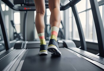 A person's legs and feet wearing athletic shoes and compression socks while running on a treadmill in a gym