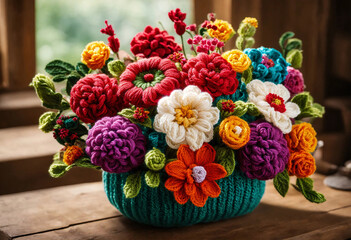 Beautiful vivid colorful knitted flowers made yarn in an azure knitted pot on wooden table in home room. Wool floral decoration.
