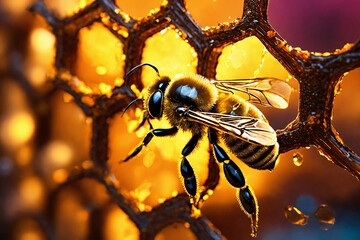 Bee flying in hive near honeycomb with honey. Close-up. - 814231913