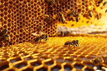Bees flying in hive over honeycomb with honey - 814231916