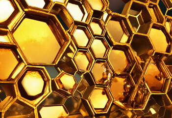 Abstract honeycomb background. Golden color honey in beeswax close-up. - 814231961