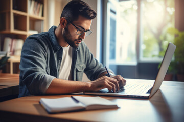 Obraz premium Focused student or young professional using his laptop in a well-lit, cozy office or library