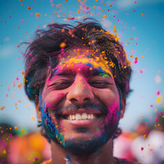 Close-up of the face of a young Indian man covered in Holi powder and with an expression of happiness. In Celebration of the Holi festival of colors in India.