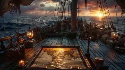 Visualize a navigator plotting a course on an ancient map, surrounded by nautical instruments, aboard a sailing ship at dusk © Nawarit