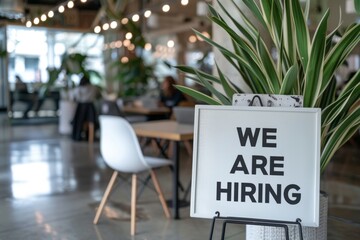 We are reviewing text "WE ARE HIRING" on a white background with a on the wall that says we have more job openings.