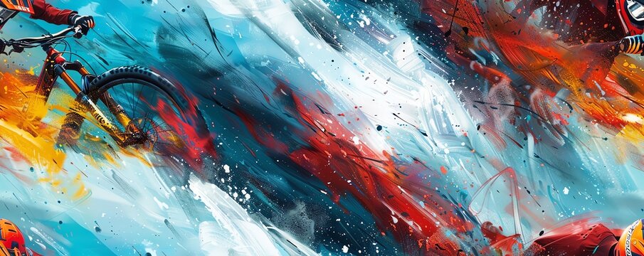 Translate extreme sports into a captivating pop art masterpiece with a focus on eye-level angles Incorporate strong leadership principles through iconic imagery and bold