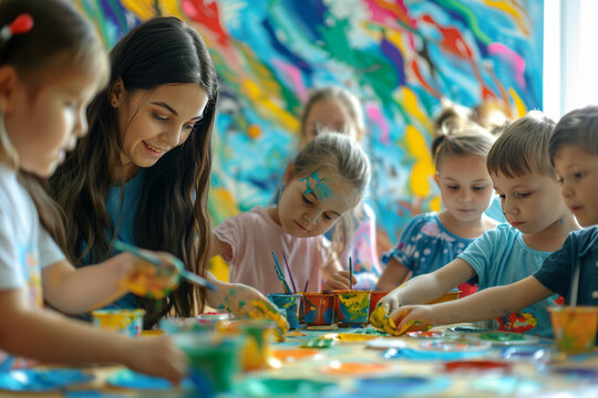 Smiling art teacher assists young students with painting in a colorful, bright classroom