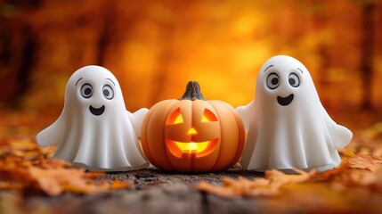 Cute funny ghost with a pumpkin. Created with Generative AI.	