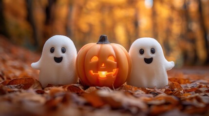 Cute funny ghost with a pumpkin. Created with Generative AI.	