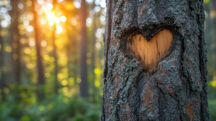 Natural heart formed in the tree trunk in vibrant green forest. Valentine day background. Created with generative AI.