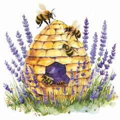 A cute watercolor of a busy beehive amidst a field of lavender, highlighting the importance of bees in agricultural and natural settings, clipart isolated on white