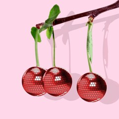 Modern retro collage of disco balls cherries