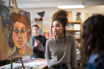 Aspiring artist stands beside her vibrant portrait painting during a critique session in an art class