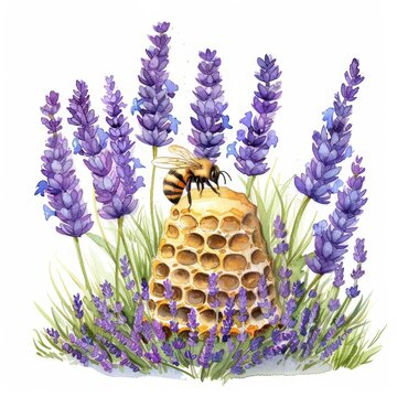 recommend clip art: A cute watercolor of a busy beehive amidst a field of lavender, highlighting the importance of bees in agricultural and natural settings, clipart isolated on white