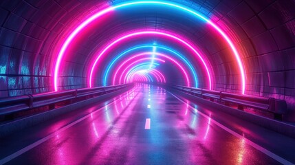Underground corridor illuminated by colorful fluorescent lights. Created with generative AI.