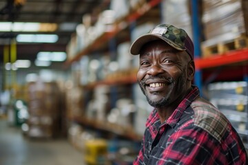 Fototapeta premium Smiling Industrial Worker in Warehouse Generative AI