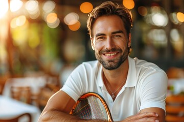 Man Holding Tennis Racquet in Front of Table