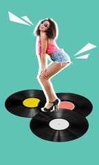 creative collage of funky young student dancing on vinyl record